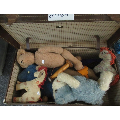 354 - Vintage suitcase containing play worn toys, mainly handmade to include; dogs, teddy bear, ponies, fe... 