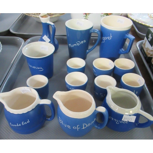 357 - Tray of blue and white souvenir china items in Devon/Cornish style to include; jugs, eggcups, mugs, ... 