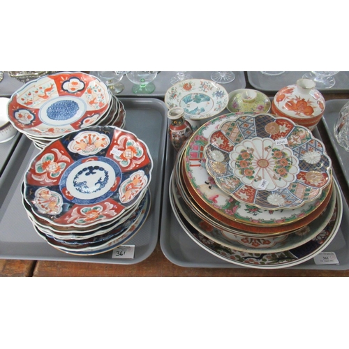 361 - Two trays of oriental pottery to include; Imari and other design Japanese plates, a Chinese plate wi... 