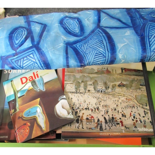 367 - Box containing various items of art interest including: two painted canvases; one African style sign... 