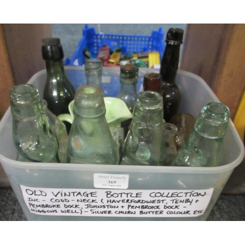 369 - Box containing mostly glass bottles; cod bottles marked George Thomas, Tenby & Pembroke dock and oth... 