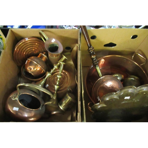 371 - Two boxes of assorted metalware to include; copper kettle, bed warmer, hot water bottles, ewer, bras... 