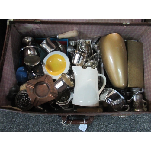 377 - Vintage suitcase with various travel stickers containing assorted items, including; a soda syphon, c... 