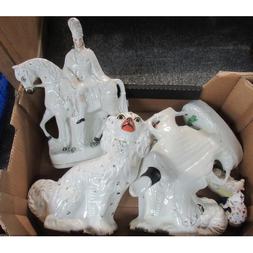 378 - Box of ceramics to include; two Staffordshire fireside spaniels, two Staffordshire style figures of ... 