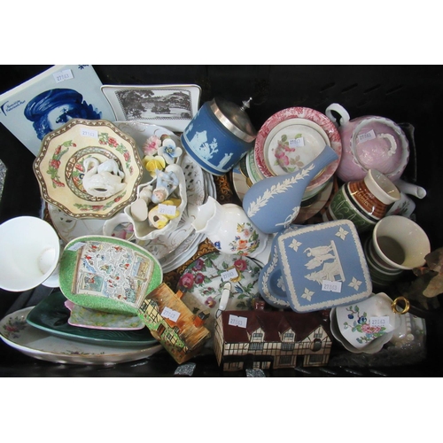 381 - Box of assorted china to include; Wedgwood jasperware items; trinket box, pin trays, vase etc, cotta... 