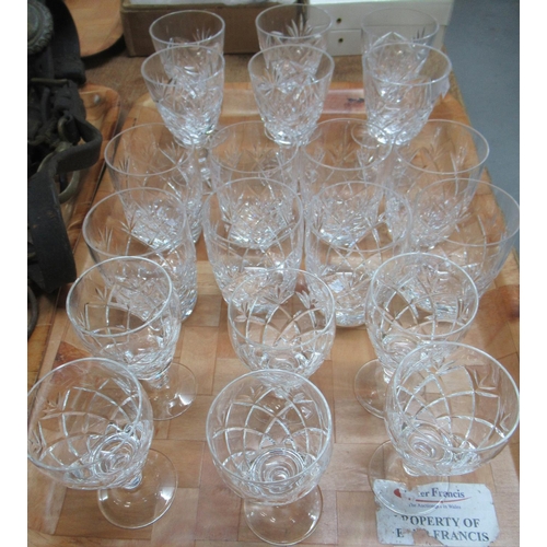 382 - Tray of cut glass drinking glasses: six sherry glasses, eight small tumblers and six liqueur glasses... 