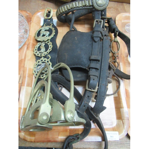 385 - Vintage horse tack: leather and brass bridle with blinkers and Pelham bit, pair of brass side-saddle... 