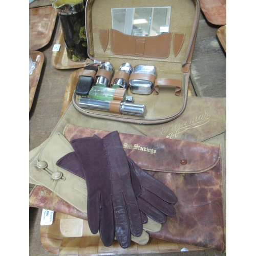 386 - Tray of vintage accessories: two pairs of ladies leather gloves (faun and maroon), vintage leather s... 