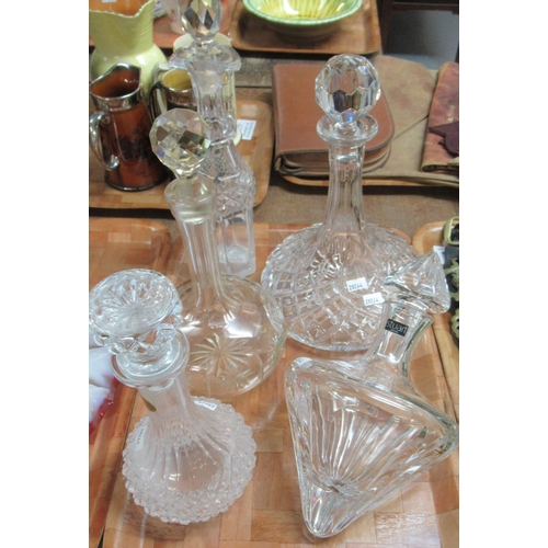 387 - Tray of cut glass decanters: unusual conical shaped Stuart crystal decanter, cut glass crystal ship'... 