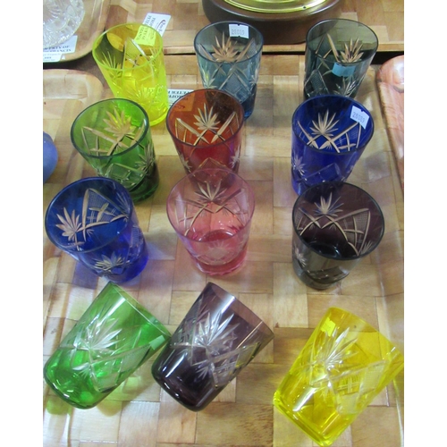 393 - Vintage flash cut glass tumblers in various colours (pink, red, blue, green, yellow etc). (12)
(B.P.... 