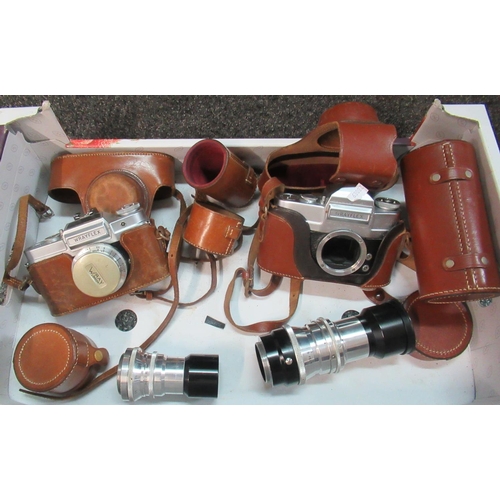 405A - Box containing leather cased cameras and lenses to include: Wrayflex WrayLondon S no 1881 camera and... 