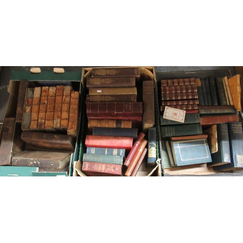 410 - Three boxes of vintage and antiquarian books: 'The Complete works of Sheridan' published by Chatto &... 