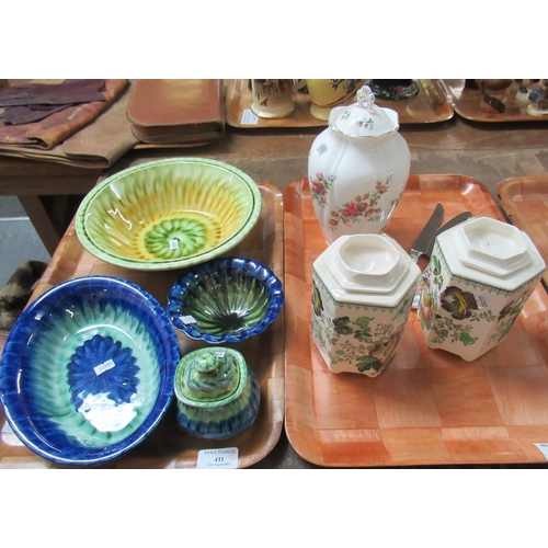 411 - Two trays of ceramics: tray of Welsh Art Pottery from Porthmadog with abstract decoration, pair of M... 