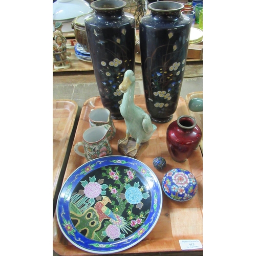 413 - Tray of assorted items: pair of large Japanese cloisonné vases with floral and bird decoration on a ... 