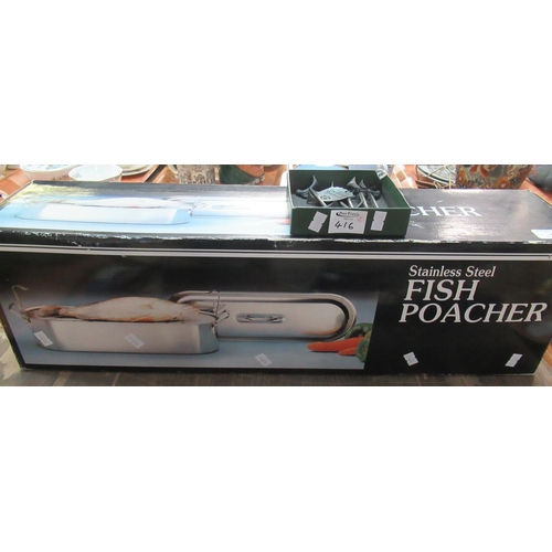 416 - Large stainless steel fish poacher or kettle in original box and box with three pairs of Les Etains ... 