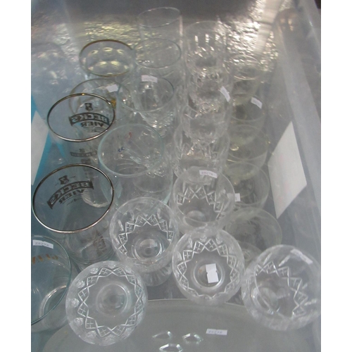 423 - Three boxes of assorted glassware etc: 9 cut glass wine glasses, etched glasses, liqueur glasses, tu... 