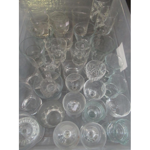 423 - Three boxes of assorted glassware etc: 9 cut glass wine glasses, etched glasses, liqueur glasses, tu... 