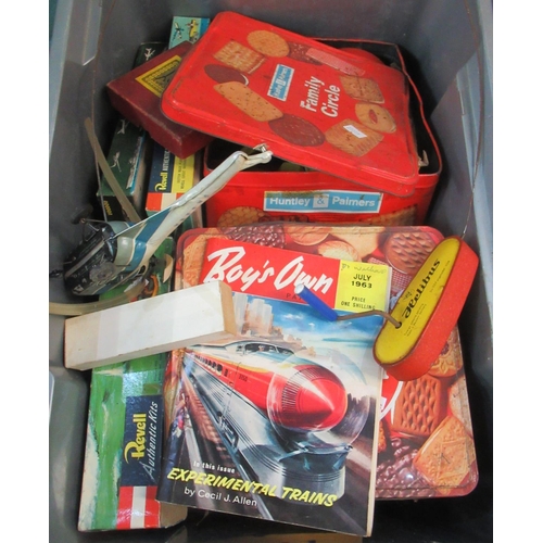 439 - Box of vintage toys and models, to include: 'Revell Authentic Kit Republic F-84F Thunderstreak', 'Re... 