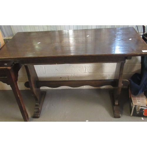 447 - 20th century oak trestle ended refectory table. 106cm long approx.   (B.P. 21% + VAT)