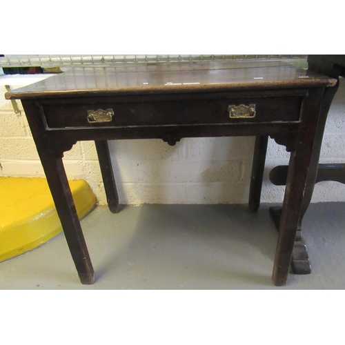 448 - 18th century oak side table, the moulded top above a single drawer, shaped frieze standing on square... 