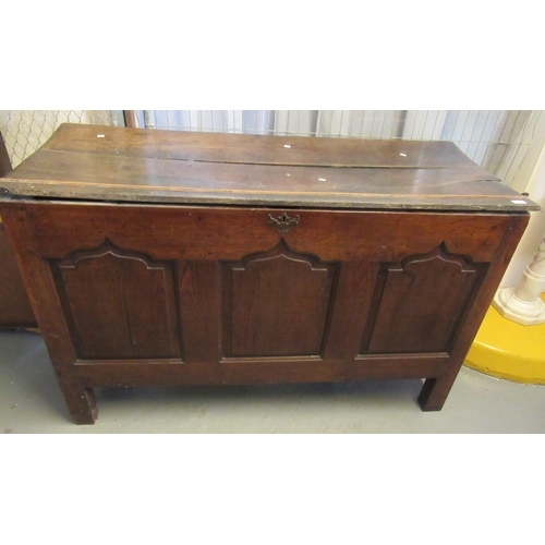 450 - 18th century Welsh oak coffer or linen chest with ogee arched raised and fielded panels.  150cm wide... 