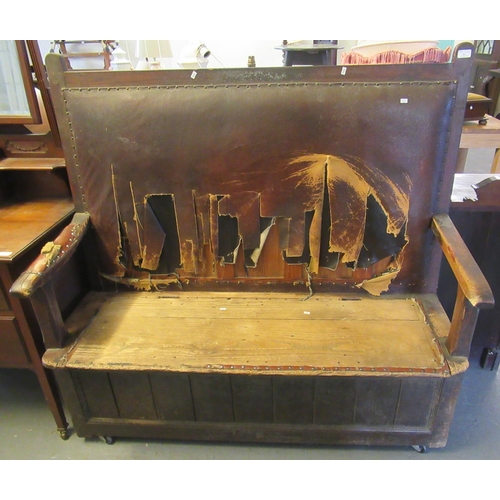 453 - 19th century Pembrokeshire pine high backed settle with later upholstery, lift seat and open arms.  ... 