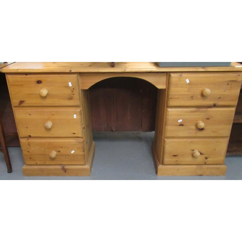 475 - Modern natural pine two pedestal knee hole desk, with three fitted drawers to each side.  145cm wide... 