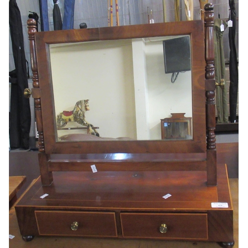 476 - 19th century mahogany satinwood strung toilet mirror with turned horns and two drawers to the base. ... 