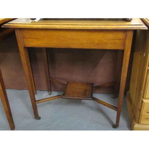 477 - Edwardian oak side table with moulded edge top, crossover stretchers and square tapering legs with c... 