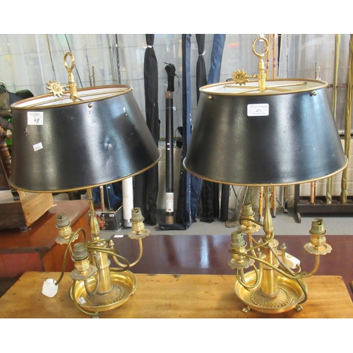 478 - Pair of good quality Empire style brass table lamps with shades and three branch dish bases on claw ... 