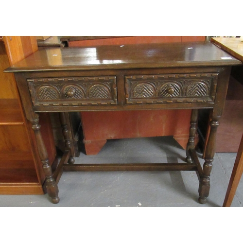 480 - Reproduction oak 17th century style two drawer side table with moulded arcade decoration on baluster... 