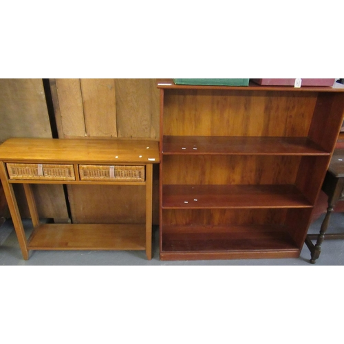 482 - Modern mahogany three shelf open bookcase.  106cm wide approx.   Together with a modern side table w... 