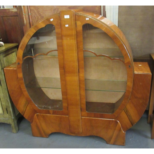 483 - Art Deco walnut circular shaped two door china display cabinet with side shelves.  130cm wide approx... 