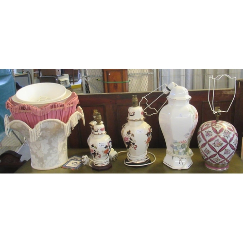 484 - Group of three Masons Ironstone 'Mandalay' pattern vase shaped table lamps, together with two other ... 