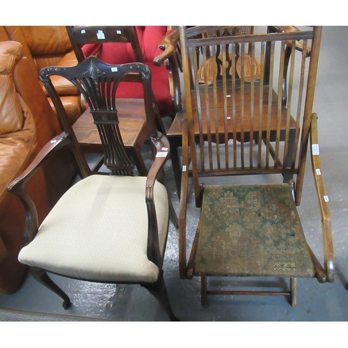 495 - Early 20th century beech framed stick backed folding garden chair with carpet seat together with a r... 