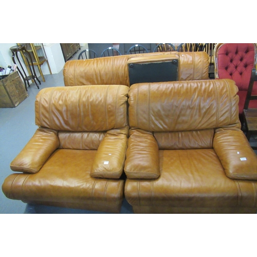 496 - Expensive Italian tan leather three piece suit, comprising: four seater sofa and two wide easy chair... 