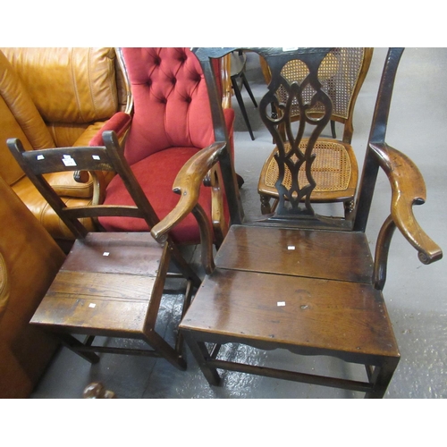 497 - 18th century Welsh oak country Chippendale design elbow chair together with a single Welsh bar back ... 