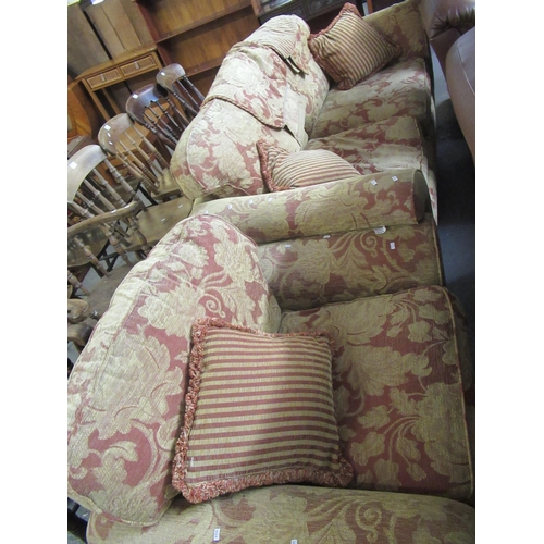 503 - Good quality moquette foliate design three seater sofa and easy chair.  With three loose cushions.  ... 