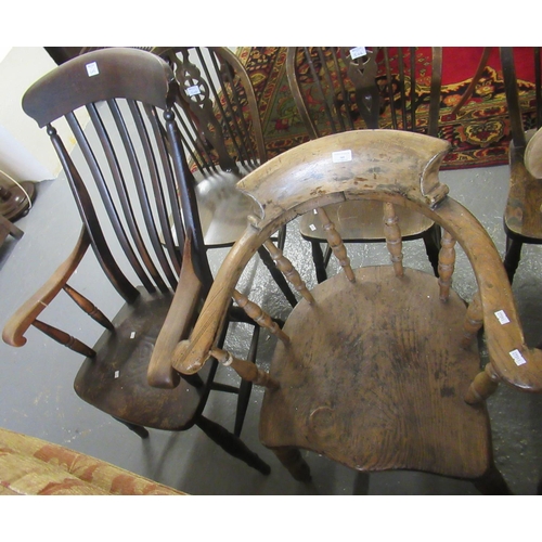 505 - Early 20th century ash and elm smoker's bow elbow chair unusually with serpentine seat, together wit... 