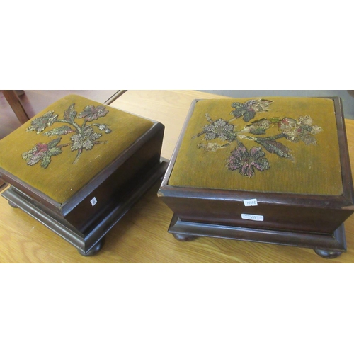 525 - Pair of Victorian square shaped footstools with beadwork upholstery on bun feet.  31cm square approx... 