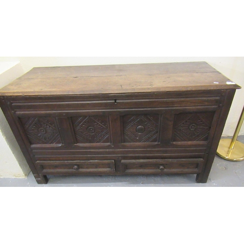 533 - 17th century oak chest with four lozenge panels over two frieze drawers.  120cm wide.  (B.P. 21% + V... 