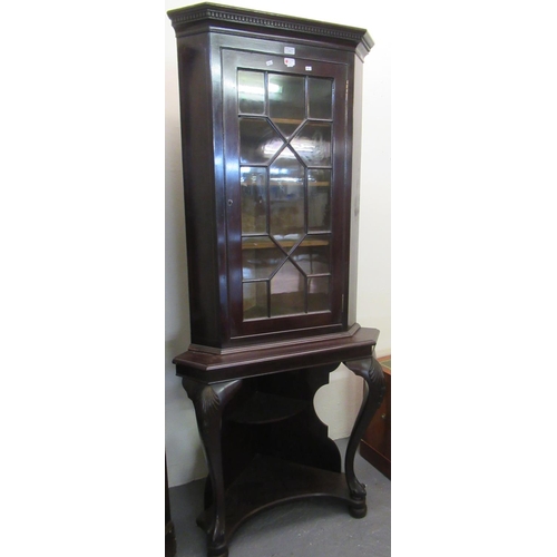 538 - 19th centuryinlaid mahogany  astragal glazed corner cabinet with mahogany stand, shell and cabriole ... 