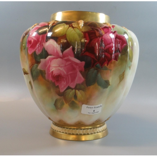 6 - Royal Worcester 1312 vase, of baluster fluted form, hand-painted with roses.  Signed 'A Shuck', date... 