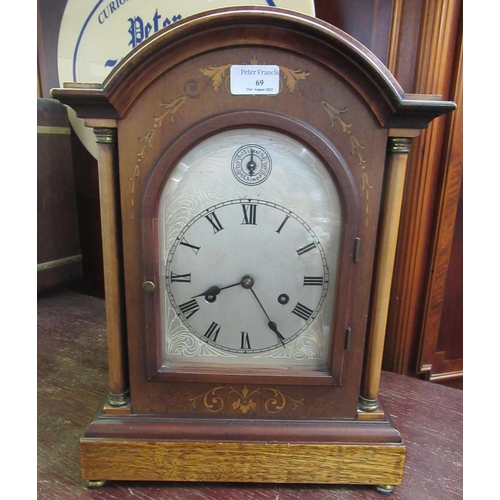 69 - Early 20th century Edwardian inlaid mahogany two train mantle clock of architectural domed form with... 