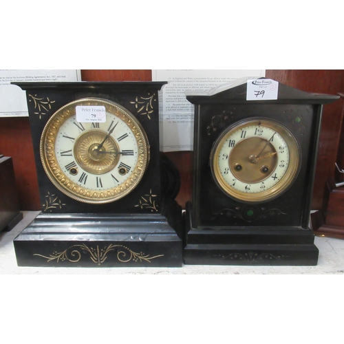 79 - Two late Victorian black slate two train architectural mantle clocks with enamelled chapter rings.  ... 