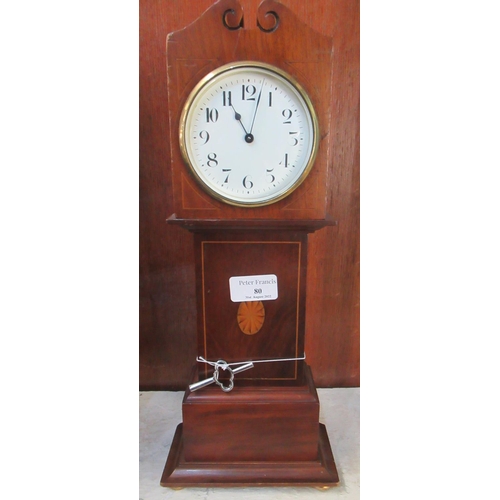 80 - Edwardian style mahogany inlaid miniature longcase clock with enamel face, standing on brass bun fee... 