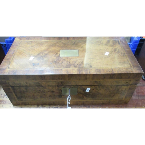 88 - Victorian walnut writing slope/box having herringbone and crossbanded decoration, brass escutcheon a... 