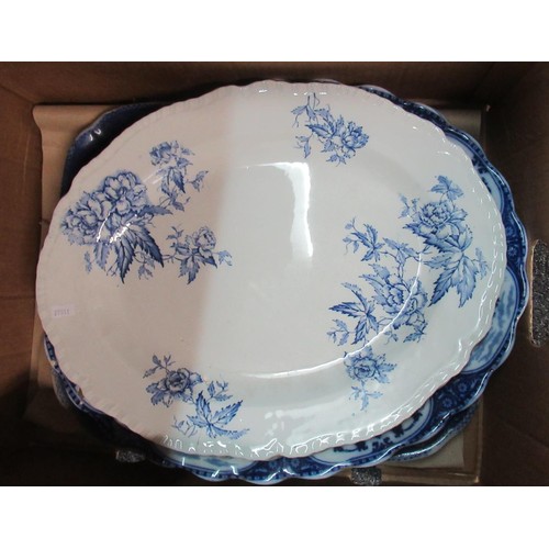 405 - Box of assorted blue and white transfer printed oval meat dishes.  (B.P. 21% + VAT)