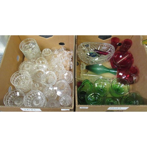 343 - Two boxes of glassware to include; dessert bowls, lidded jars, conserve jars, liqueur glasses, pedes... 