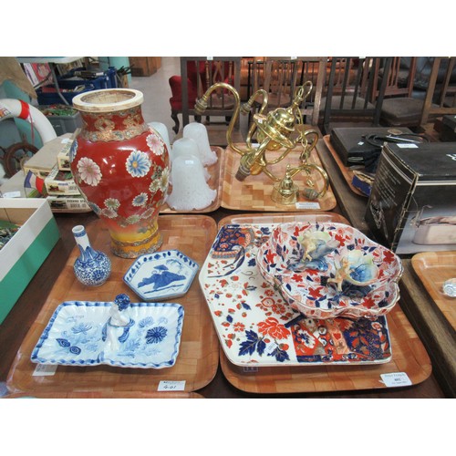 401 - Two trays of china to include: Japanese baluster vase, other Oriental items to include blue and whit... 